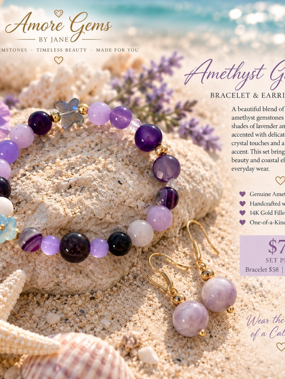 Amore Gems Amethyst Beaded Bracelet - Lavender & Purple